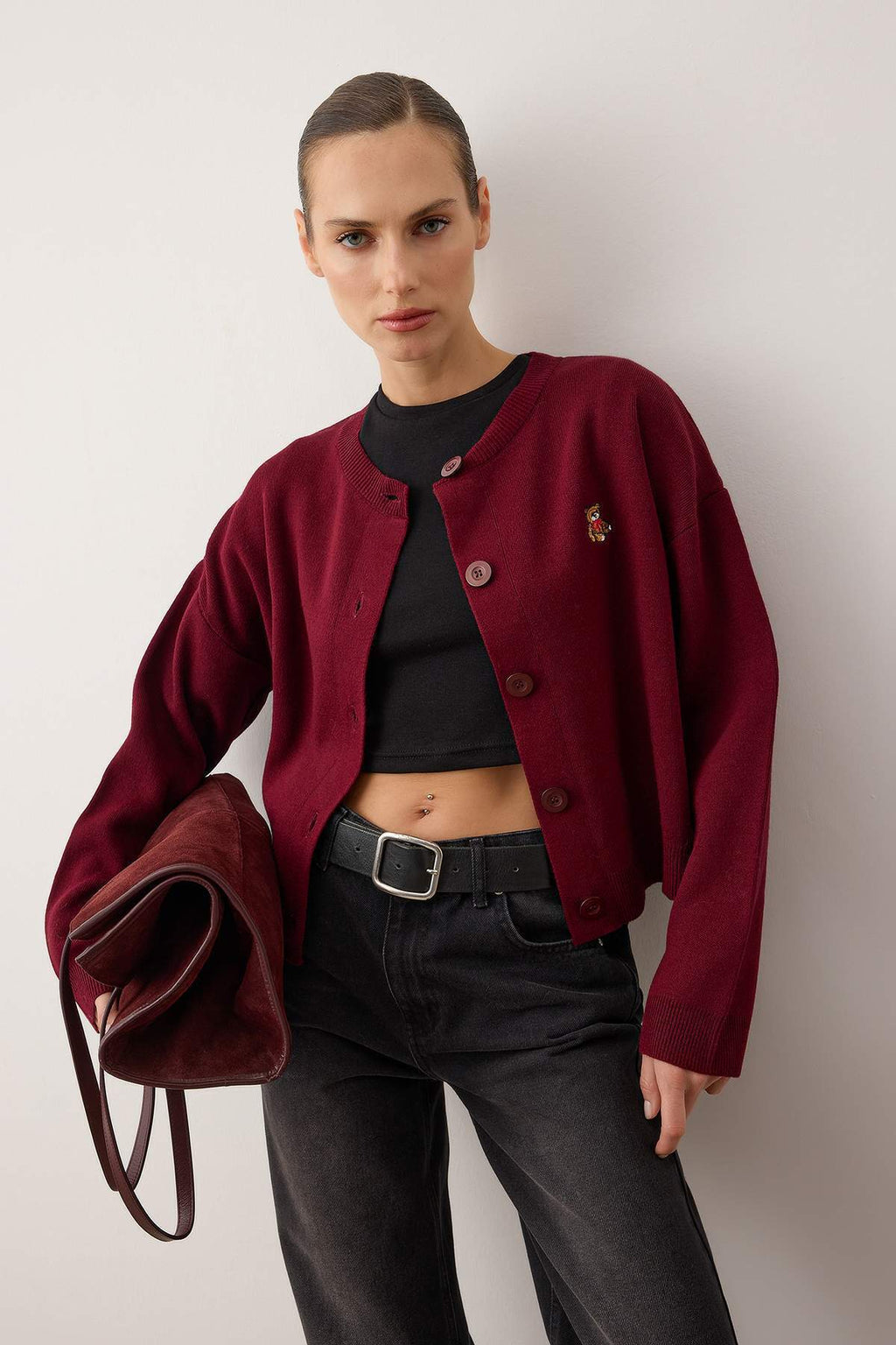 Bordo Bisiklet Yaka Ayıcık Nakışlı Triko Hırka TWOAW26HI00287