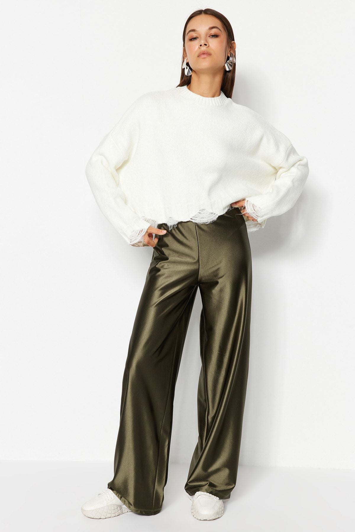 Haki Premium Saten Wideleg/Geniş Paça Örme Pantolon TWOAW24PL00064