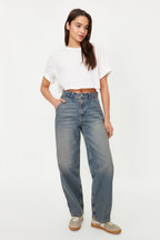 Koyu Mavi Soluk Efektli Vintage Düşük Bel Skater Baggy Jeans TWOSS24JE00052
