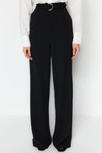 Trendyolmilla Koyu Kahverengi Kemerli Wideleg/Geniş Paça Yüksek Bel Smart Krep Kumaş Örme Pantolon TWOSS23PL00330