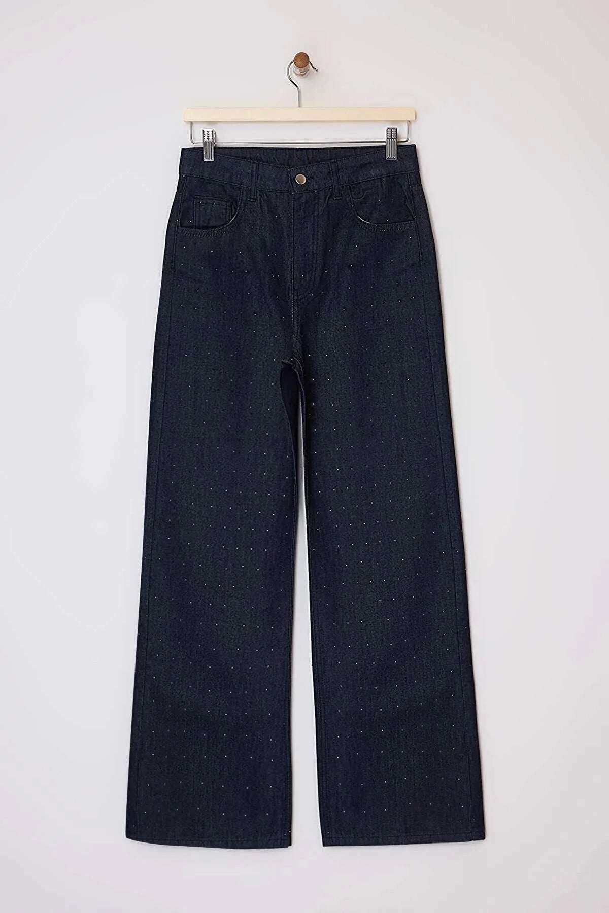Koyu Mavi %100 Pamuk Taşlı Uzun Boy Yüksek Bel Raw Wide Leg Jeans TWOSS26JE00072