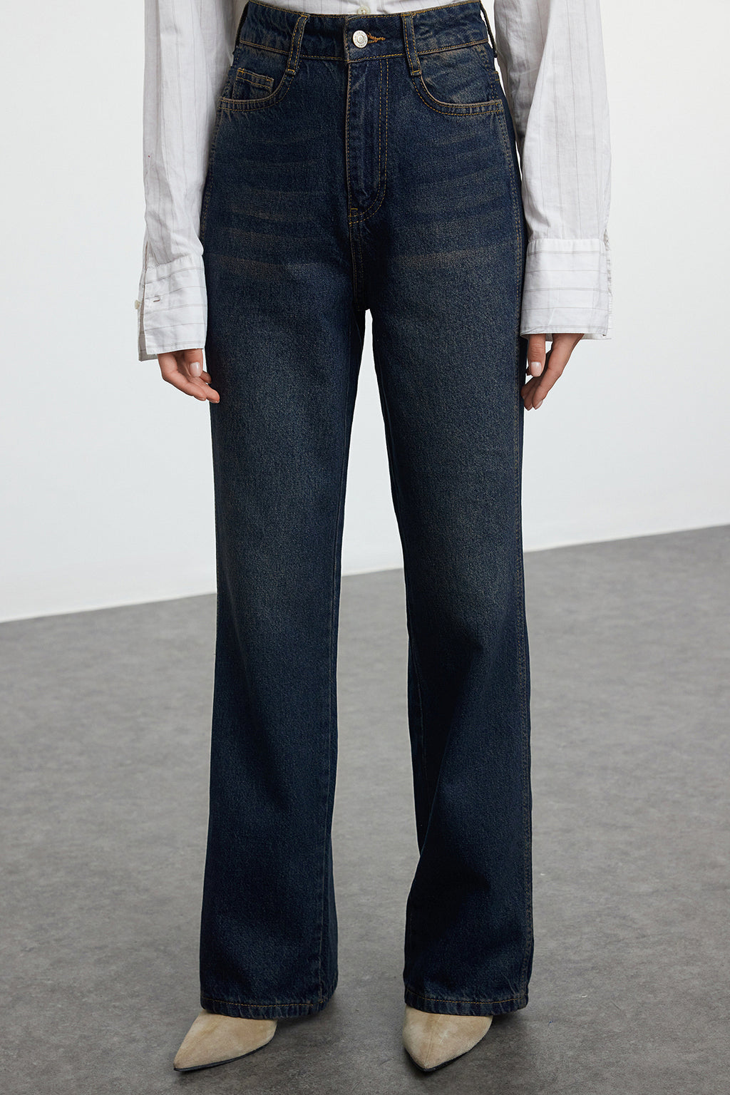 Koyu Mavi Yüksek Bel Geniş Paça Wide Leg Jeans %100 Pamuk Non-Stretch TWOAW24JE00313
