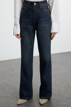 Koyu Mavi Yüksek Bel Geniş Paça Wide Leg Jeans %100 Pamuk Non-Stretch TWOAW24JE00313