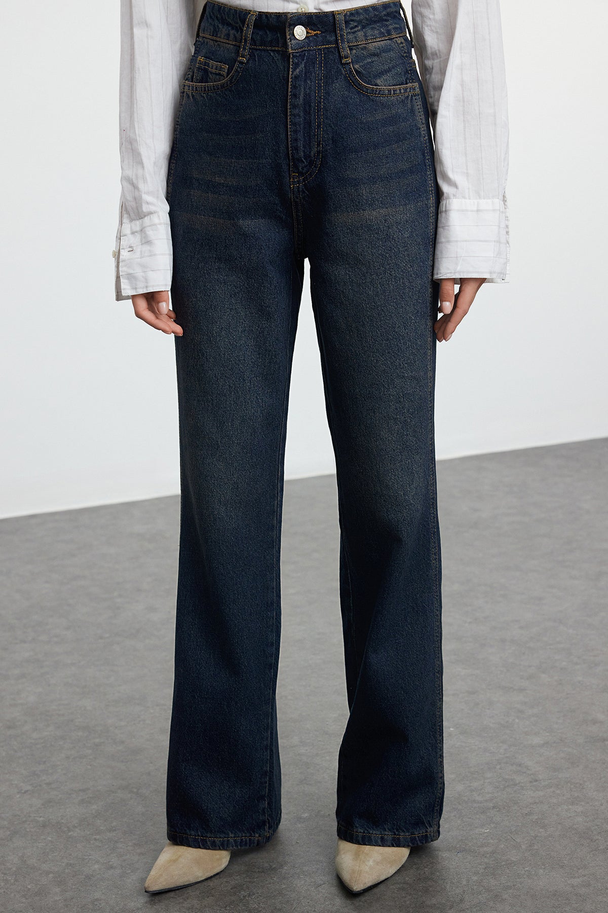 Koyu Mavi Yüksek Bel Geniş Paça Wide Leg Jeans %100 Pamuk Non-Stretch TWOAW24JE00313