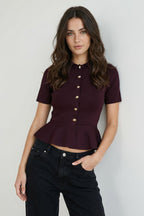 Mürdüm Peplum/Belden Oturmalı Düğme Detaylı Triko Bluz TWOSS26BZ00158