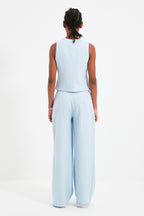 Trendyolmilla Açık Mavi Wide Leg/Geniş Paça Pilili Dokuma Kumaş Pantolon TWOSS21PL0189