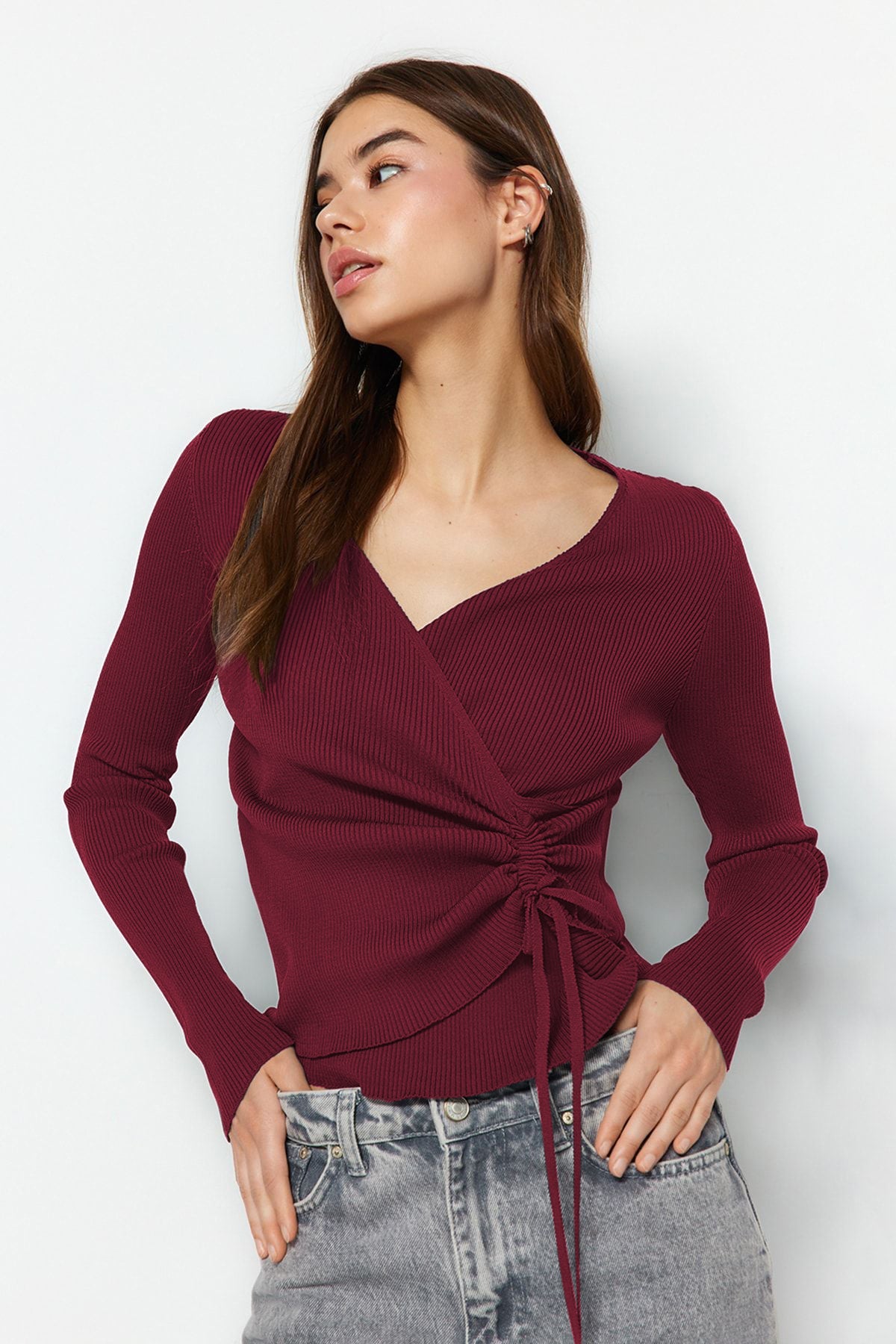 Trendyolmilla Antrasit Kruvaze Büzgü Detaylı Triko Kazak TWOAW23KZ00828