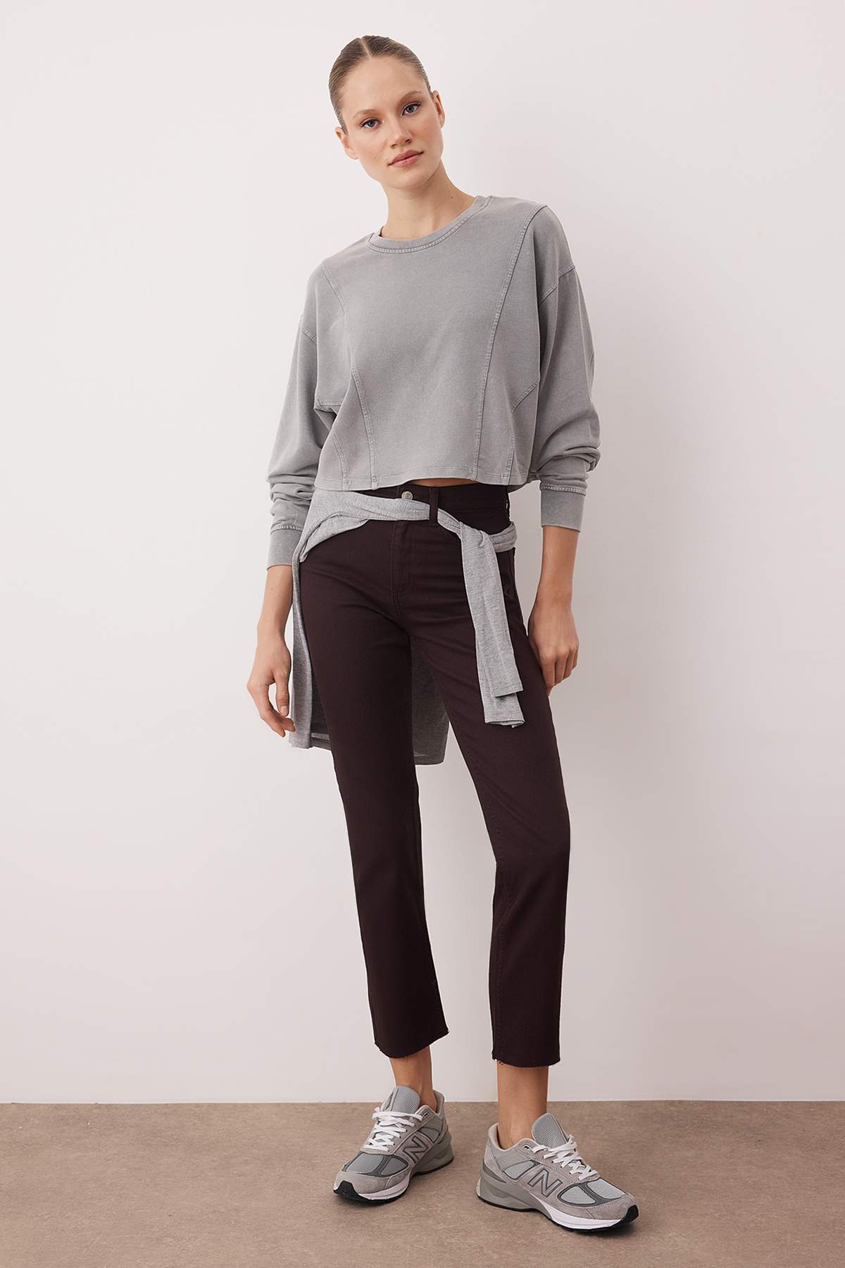 Gri Relaxed/Rahat Kalıp Dikiş Detaylı Örme Sweatshirt TWOAW26SW00237 Secondary image