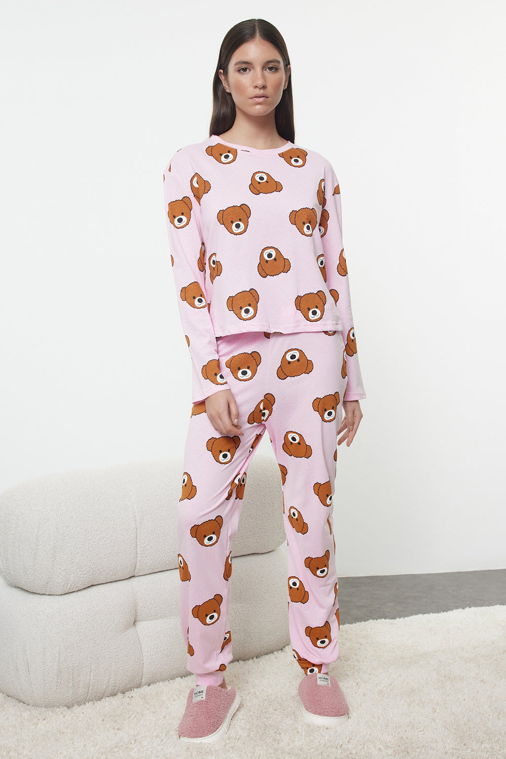 Trendyolmilla Haki %100 Pamuklu Ayıcıklı Desenli Örme Pijama Takımı THMAW23PT00514