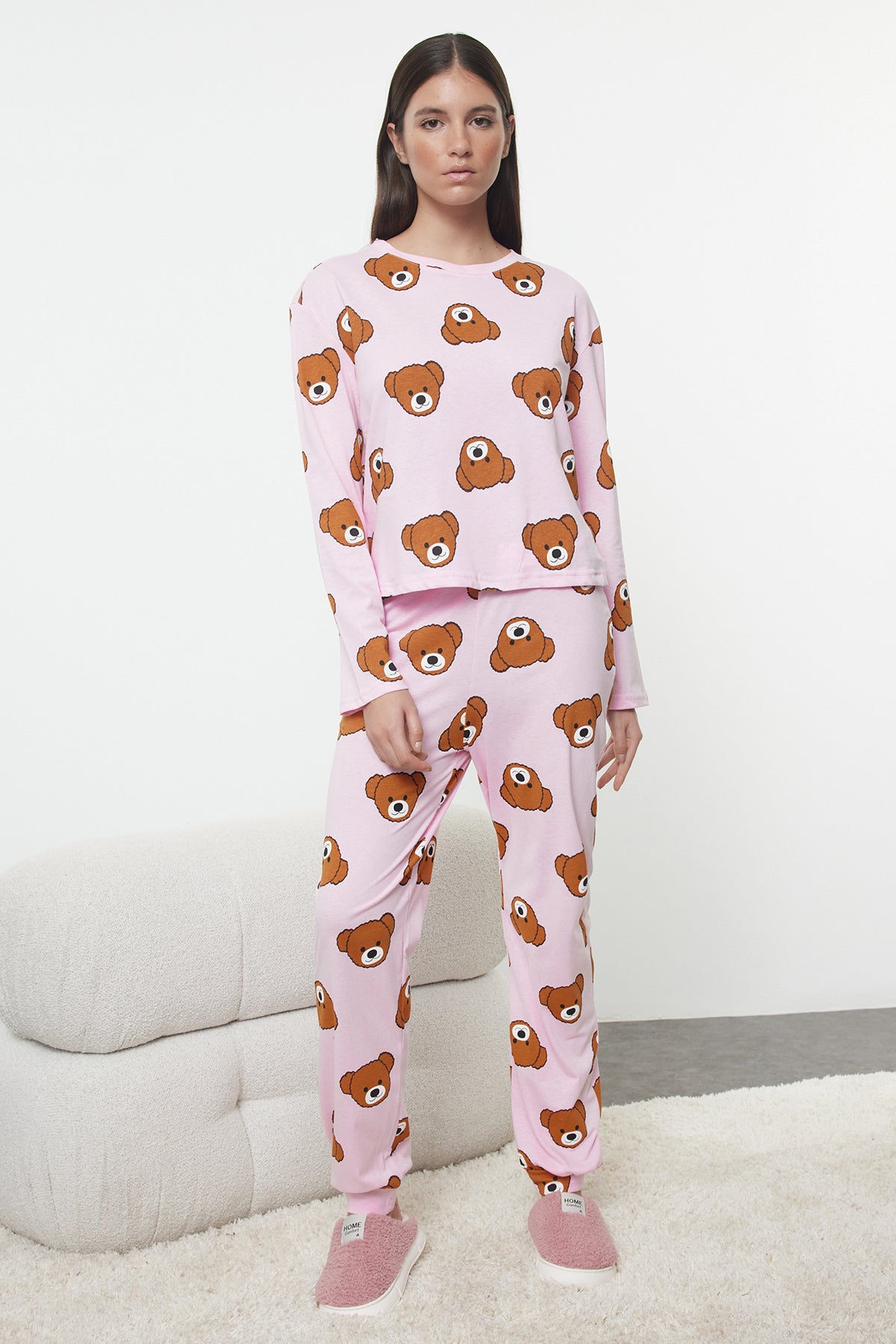 Trendyolmilla Haki %100 Pamuklu Ayıcıklı Desenli Örme Pijama Takımı THMAW23PT00514