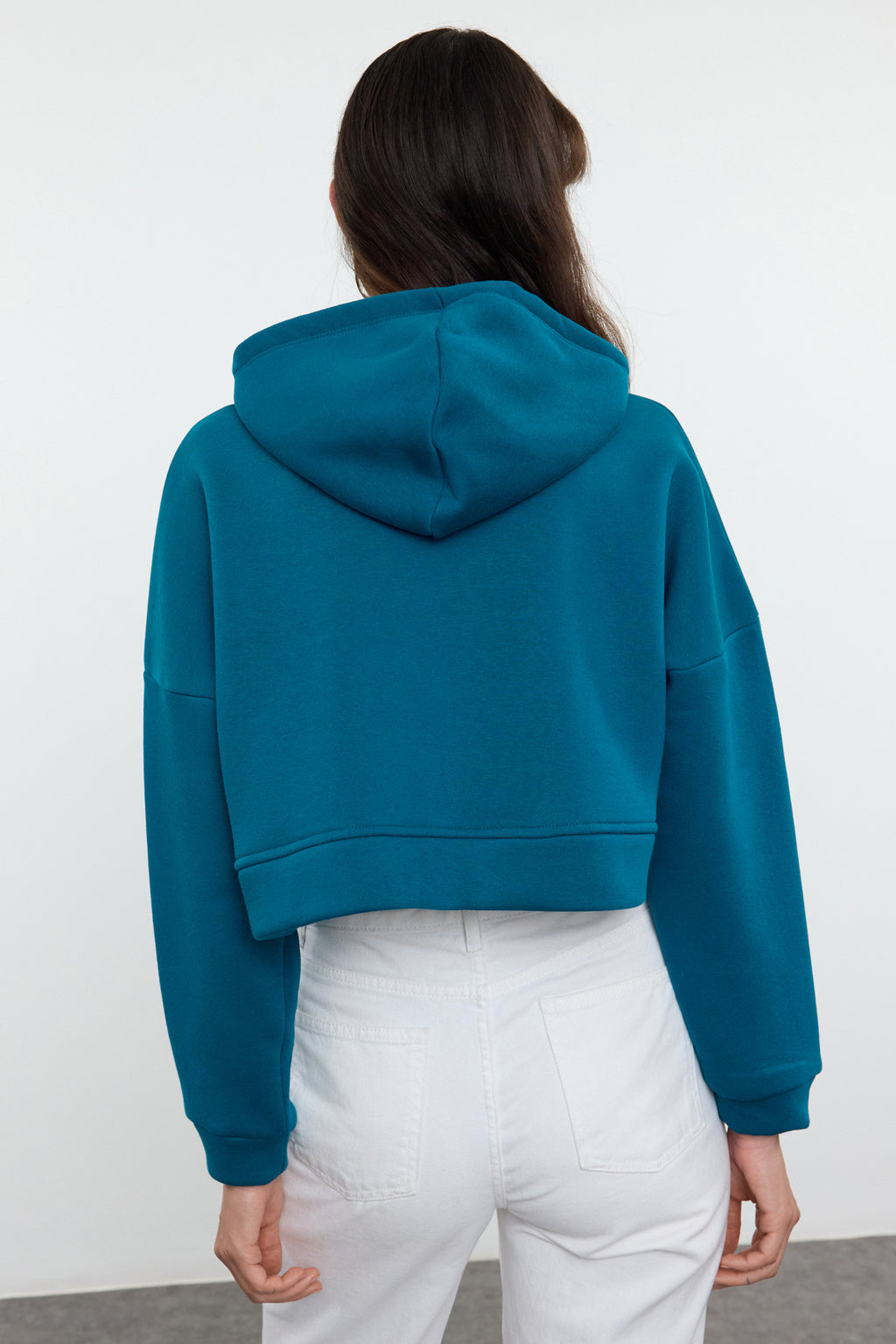 Trendyolmilla Petrol Fermuarlı Kapüşonlu Rahat Kesim Crop Kalın İçi Polarlı Örme Sweatshirt TWOAW20SW0660
