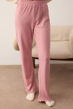 Ekru-Pembe Kalp Nakışlı Baby Overloklu Fitilli Kışlık Örme Pijama Takımı THMAW26PT00132