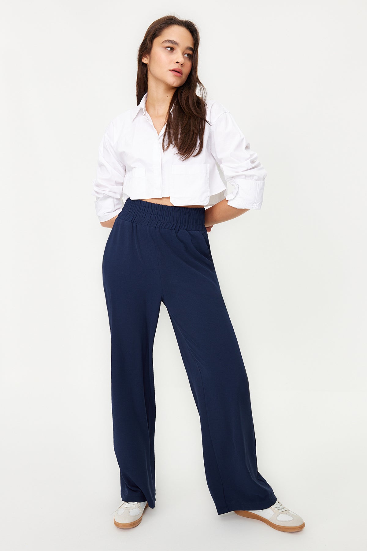 Trendyolmilla Lacivert Wide Leg/Geniş Paça Beli Lastikli Dokuma Pantolon TWOSS22PL00024