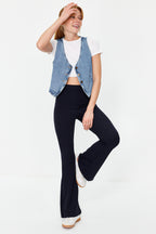 Trendyolmilla Antrasit Fitilli Flare/İspanyol Paça Yüksek Bel Esnek Örme Tayt Pantolon TWOSS23PL00135