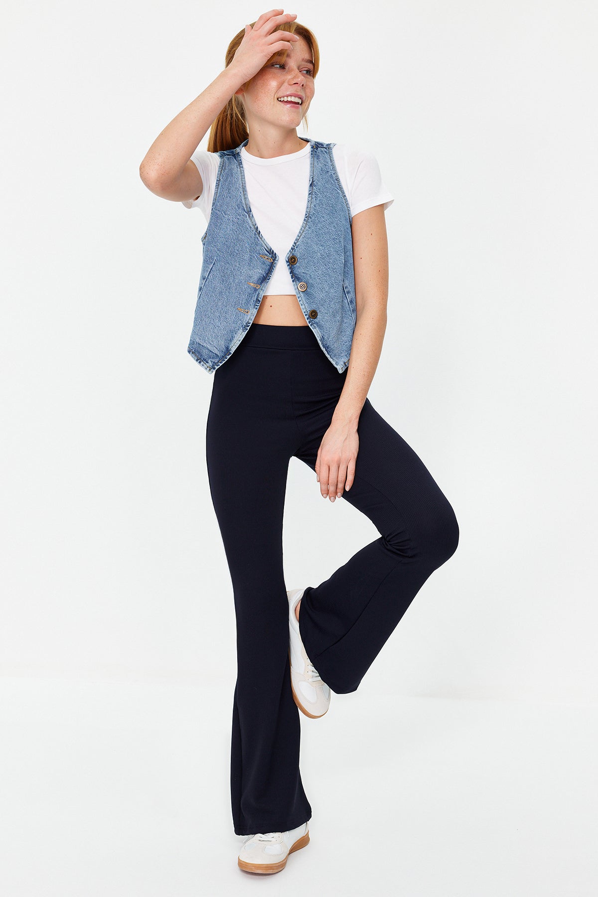 Trendyolmilla Antrasit Fitilli Flare/İspanyol Paça Yüksek Bel Esnek Örme Tayt Pantolon TWOSS23PL00135