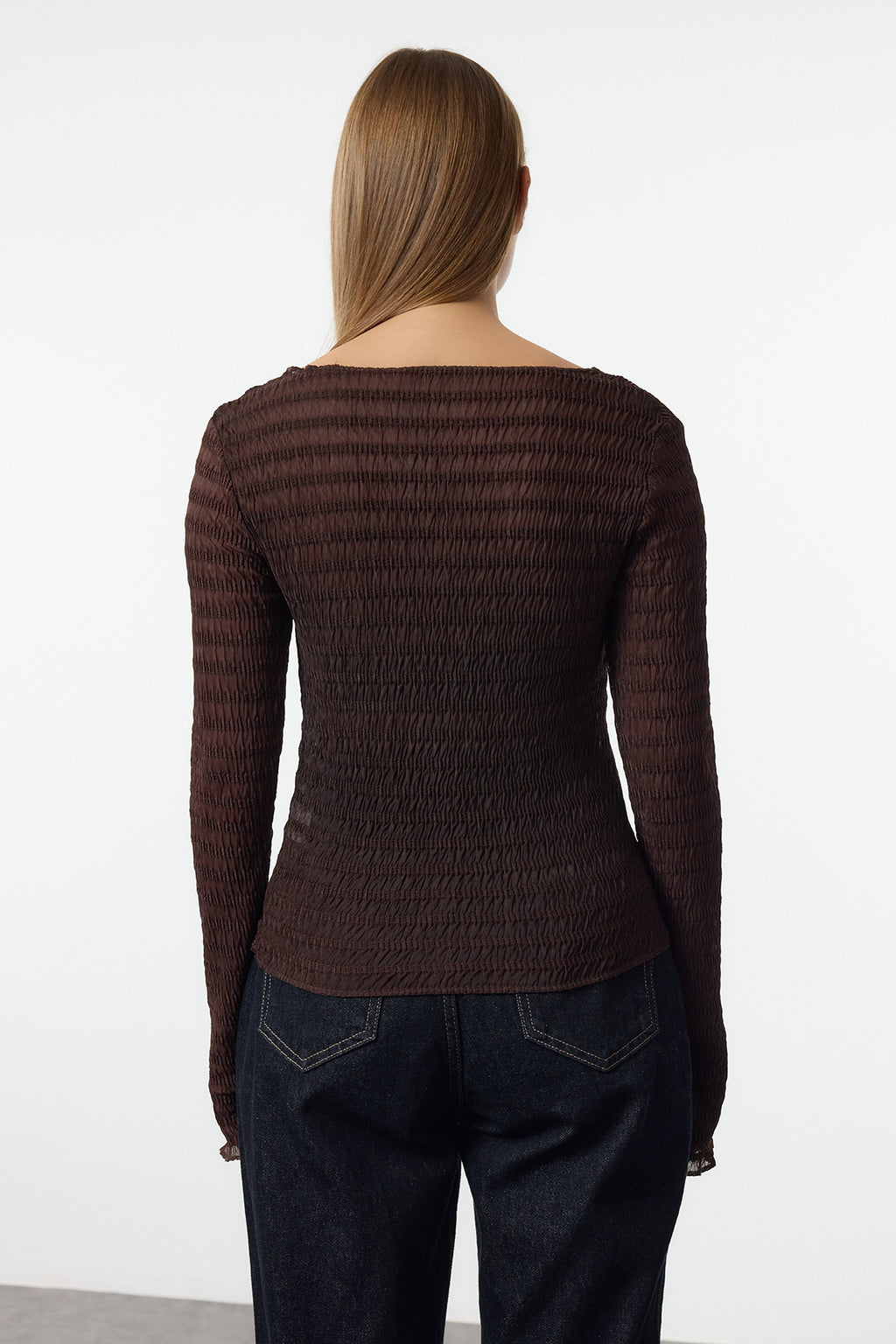 Trendyolmilla Bordo Fitted/Vücuda Oturan Dokulu Tül Esnek Örme Bluz TWOAW25BZ00207