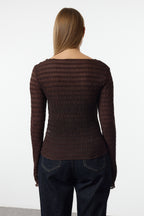 Trendyolmilla Bordo Fitted/Vücuda Oturan Dokulu Tül Esnek Örme Bluz TWOAW25BZ00207