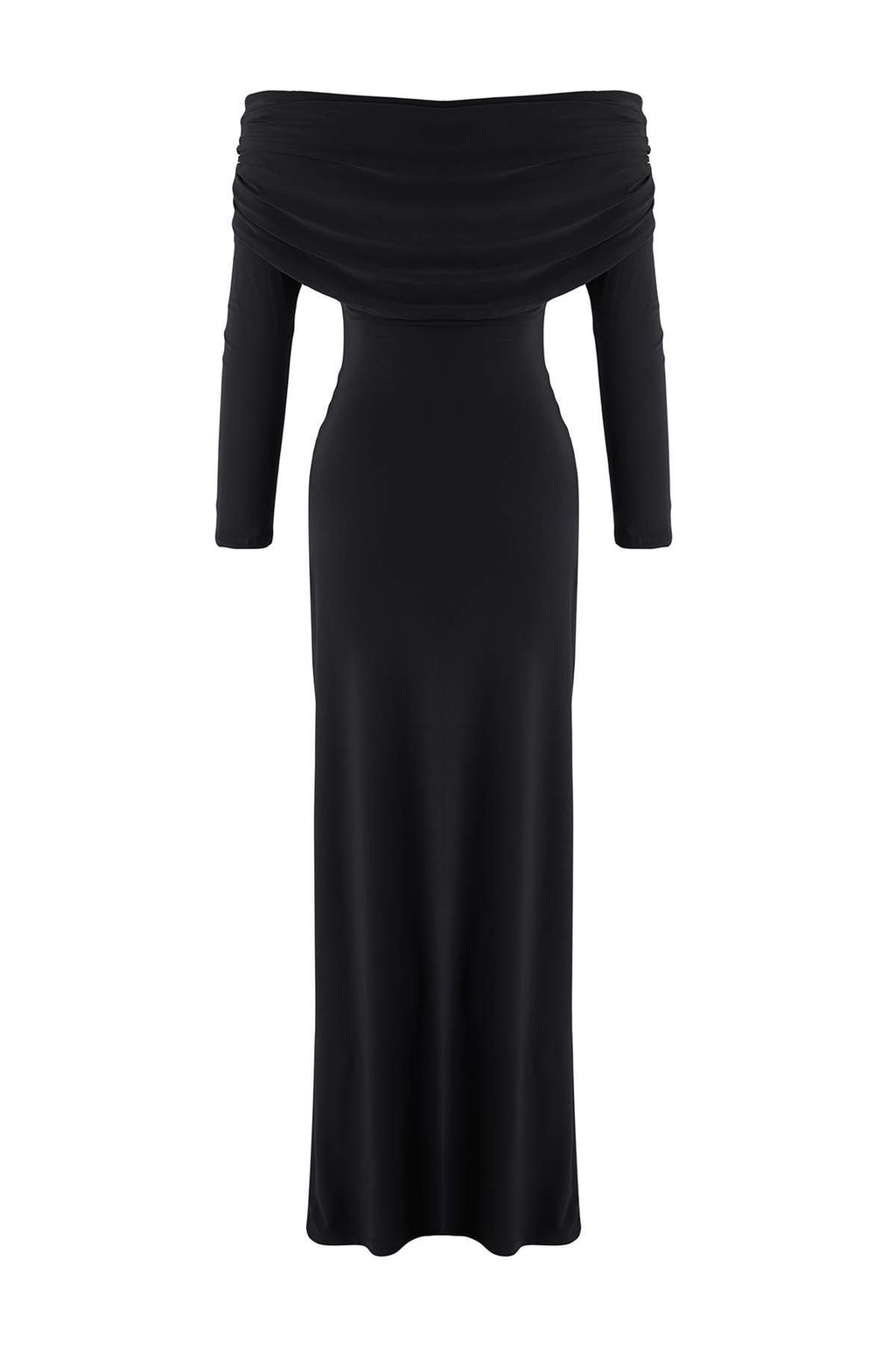 Trendyolmilla Limited Edition Siyah Büzgülü Carmen Yaka Esnek Maxi Örme Elbise TWOAW26EL00112