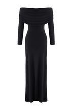 Trendyolmilla Limited Edition Siyah Büzgülü Carmen Yaka Esnek Maxi Örme Elbise TWOAW26EL00112