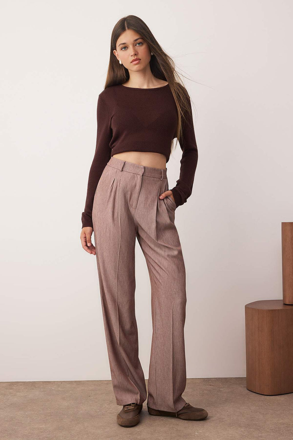 Kahverengi Pilili Wide Leg/Geniş Paça Pantolon TWOAW26PL00015