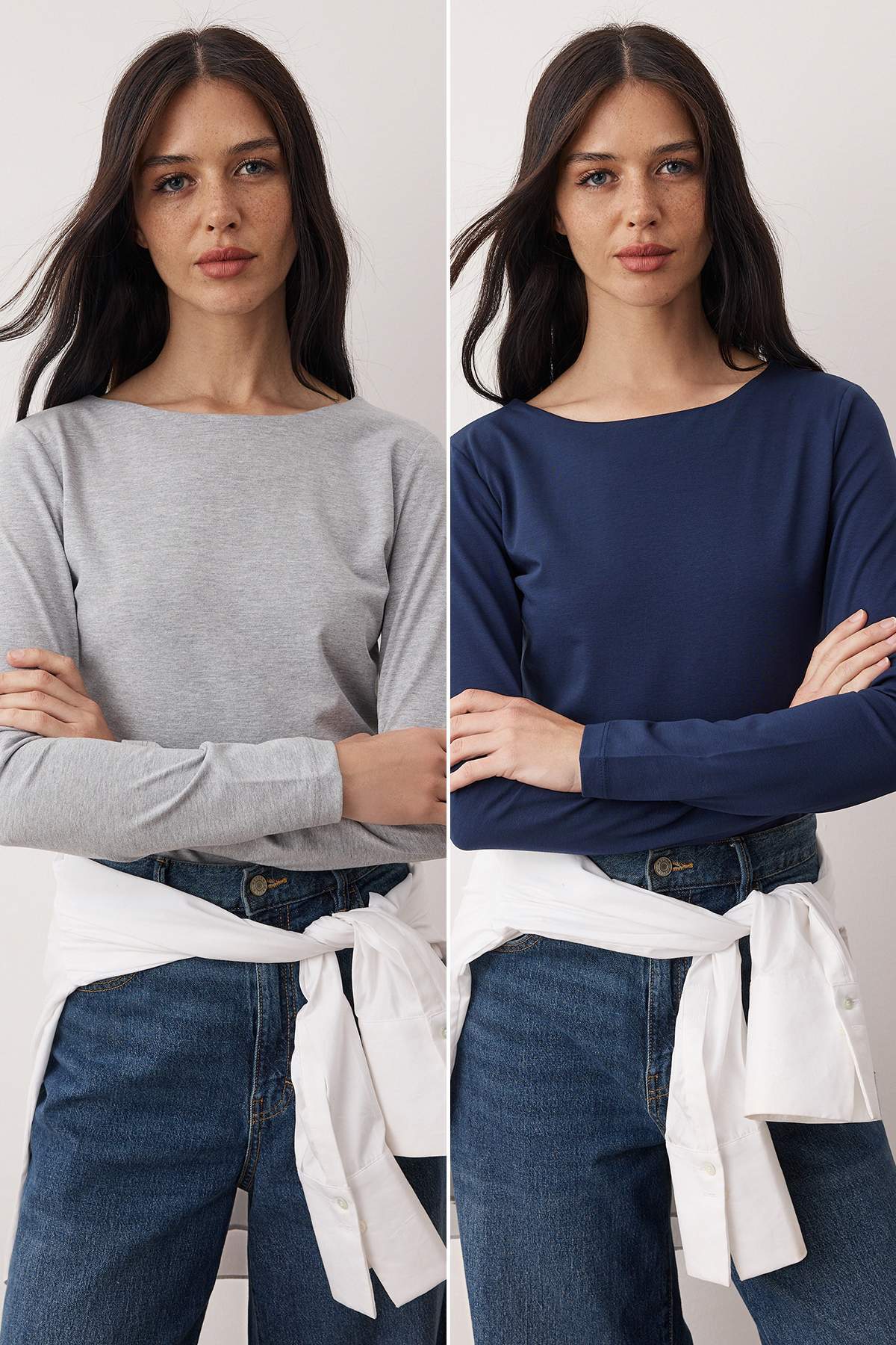 Trendyolmilla Taş-Bordo İkili Paket Kayık Yaka Fitted/Vücuda Oturan Örme Bluz TWOAW25BZ00062
