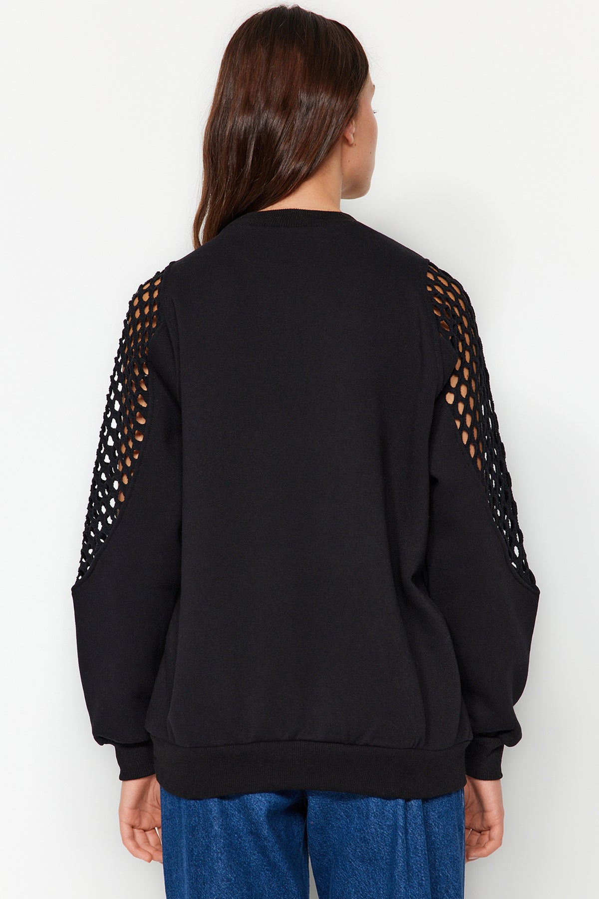 Siyah File Detaylı Kalın İçi Polarlı Regular/Normal Kalıp Örme Sweatshirt TWOAW24SW00134