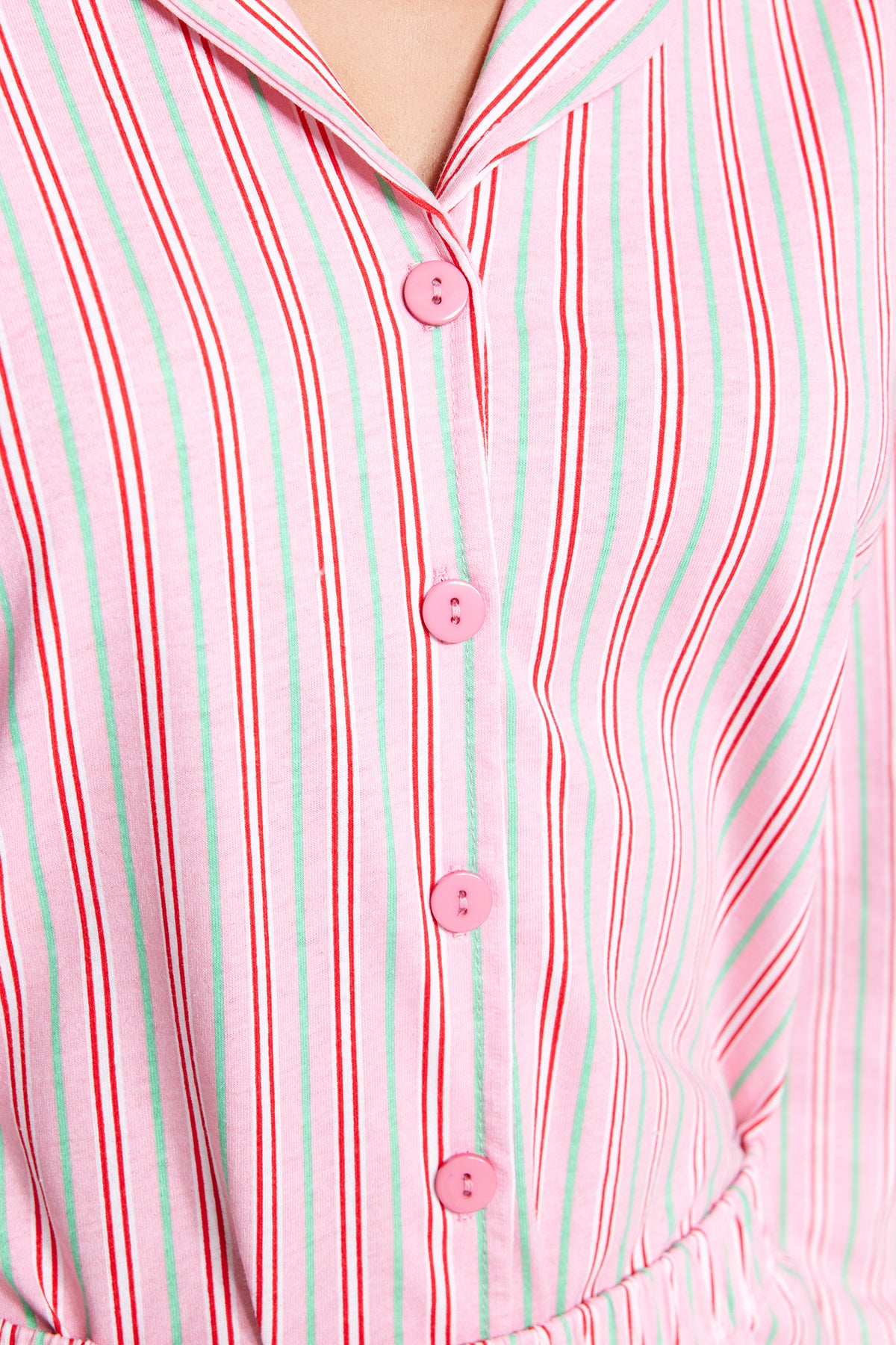 Trendyolmilla Pembe %100 Pamuklu Çizgili Gömlek-Pantolon Örme Pijama Takımı THMAW24PT00144