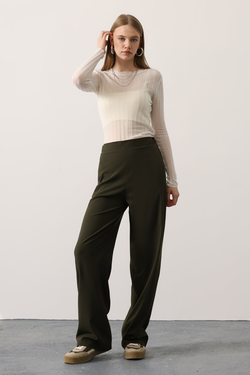 Haki Beli Lastikli Wide Leg/Geniş Paça Pantolon TWOAW26PL00132