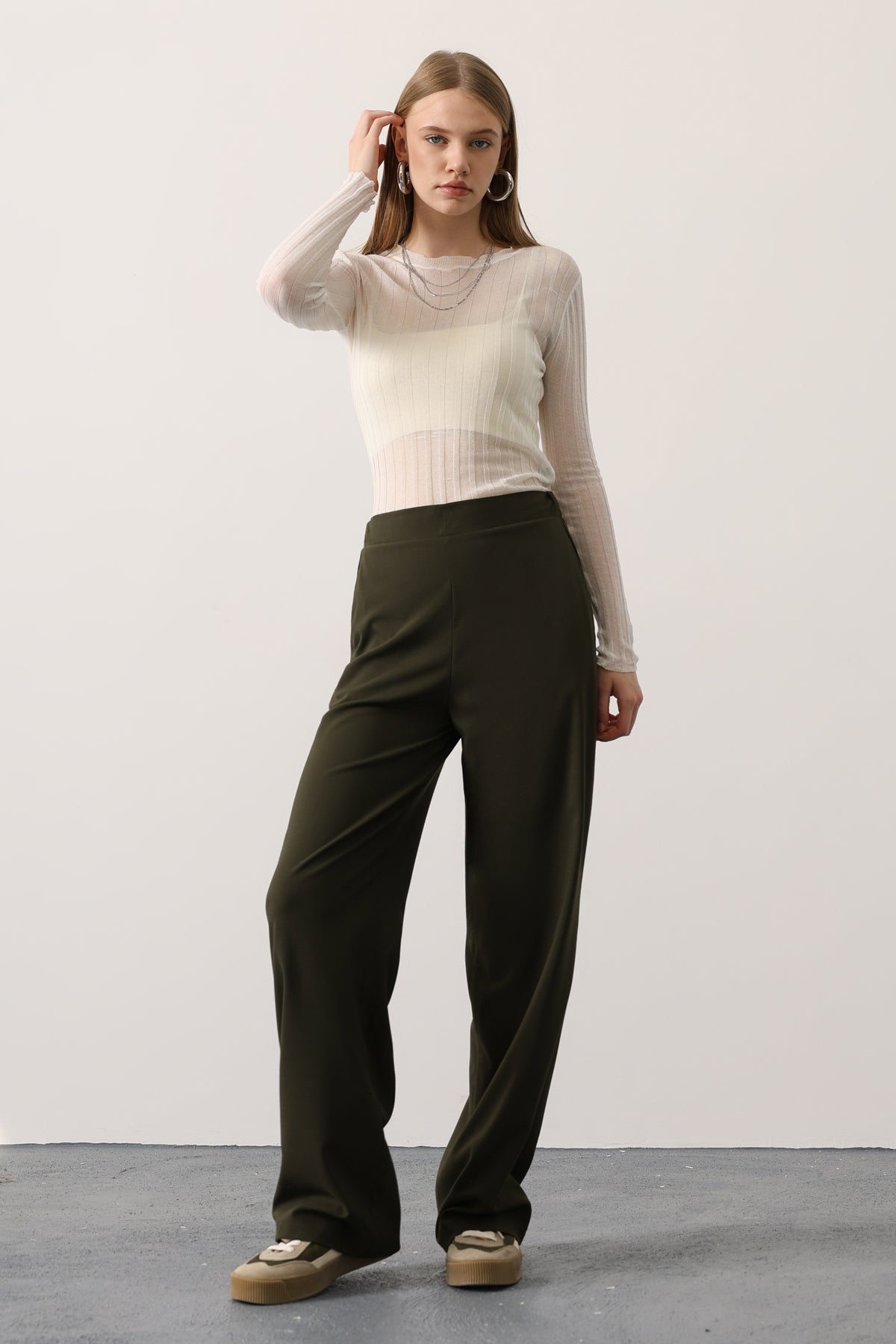 Haki Beli Lastikli Wide Leg/Geniş Paça Pantolon TWOAW26PL00132