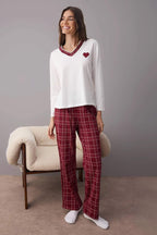 Trendyolmilla Bordo %100 Pamuklu Kalpli Ekoseli Örme Pijama Takımı THMAW26PT00063