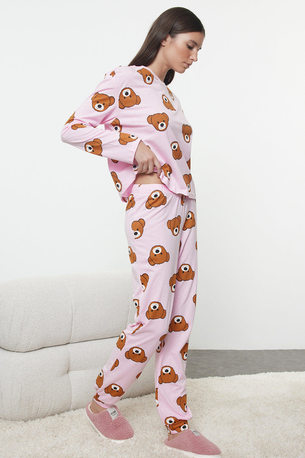Trendyolmilla Haki %100 Pamuklu Ayıcıklı Desenli Örme Pijama Takımı THMAW23PT00514