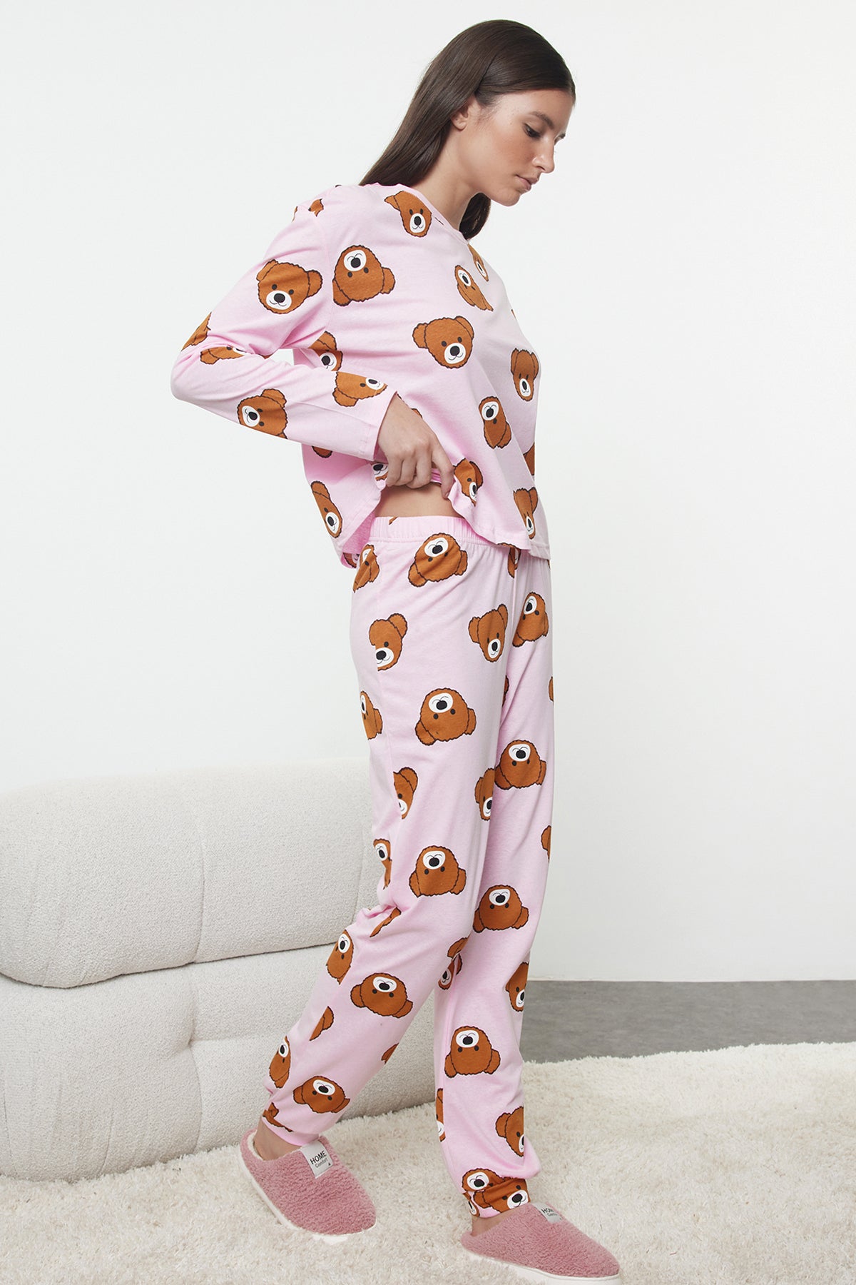 Trendyolmilla Haki %100 Pamuklu Ayıcıklı Desenli Örme Pijama Takımı THMAW23PT00514