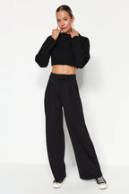 Trendyolmilla Yunus Gri Cırt Cırt Kapamalı Yüksek Bel Pileli Wide Leg/Geniş Kesim Örme Pantolon TWOAW24PL00177