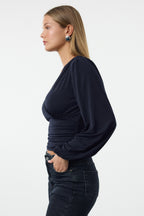 Trendyolmilla Lacivert Kruvaze Büzgü/Drape Detaylı Uzun Kollu Esnek Örme Bluz TWOAW25BZ00021