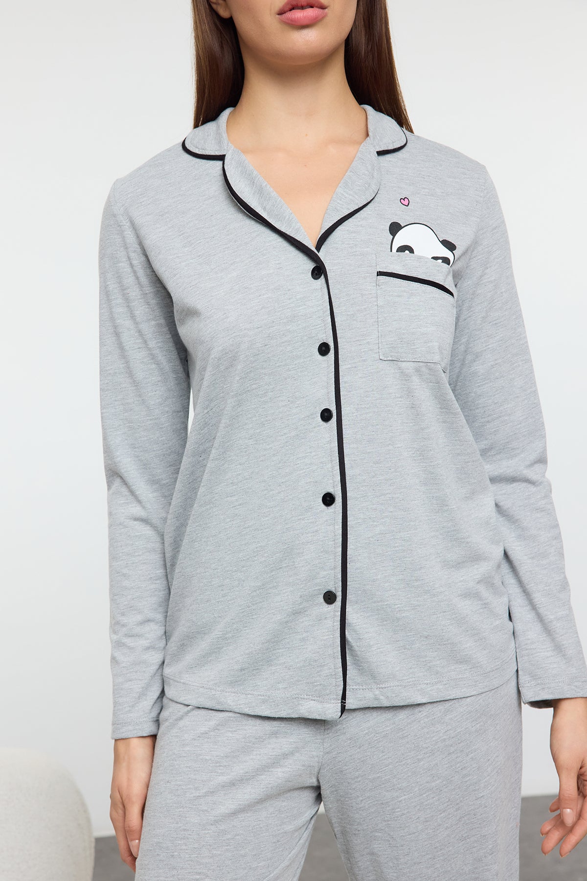 Trendyolmilla Siyah Pamuklu Panda Baskılı Gömlek-Pantolon Örme Pijama Takımı THMAW21PT0245