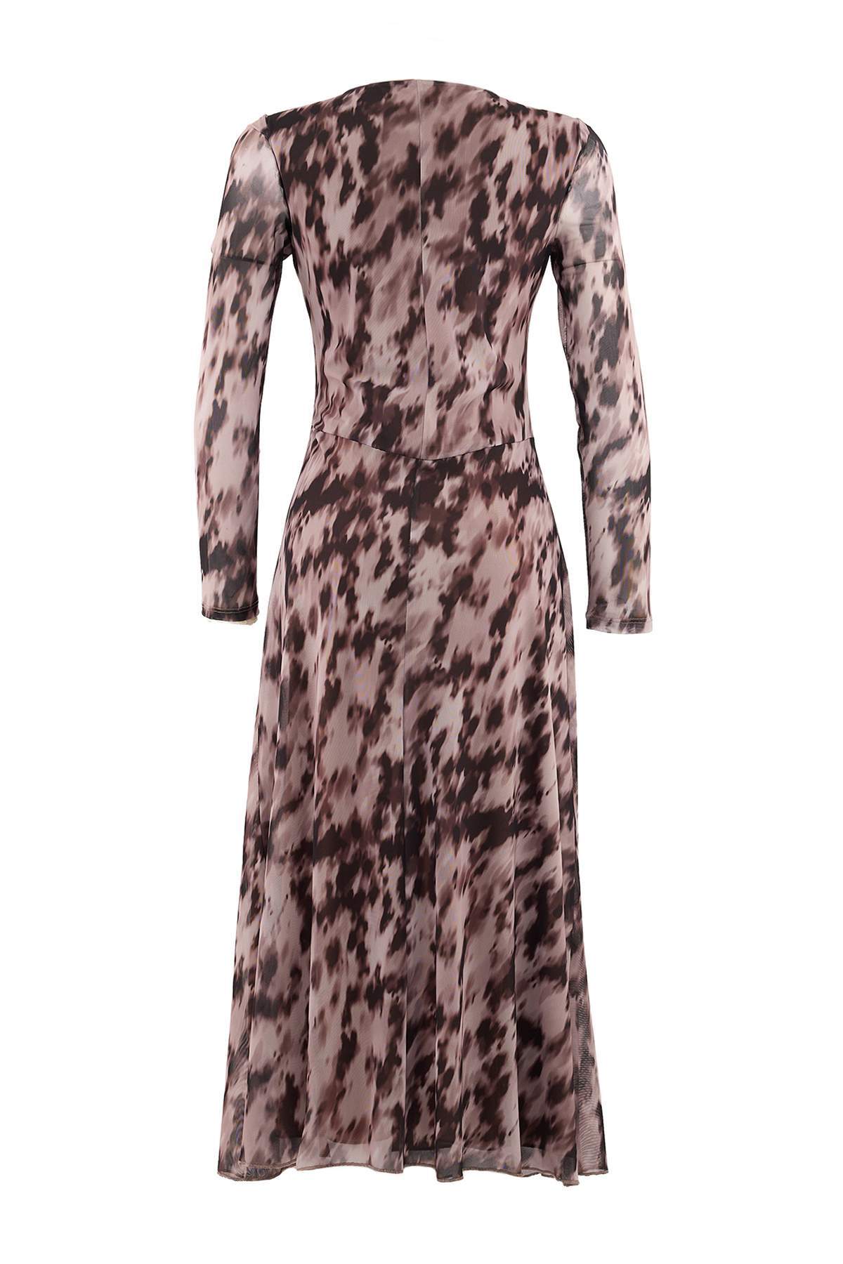 Trendyolmilla Kahverengi Baskılı Büzgü / Drape Maxi Örme Elbise TWOAW25EL00408