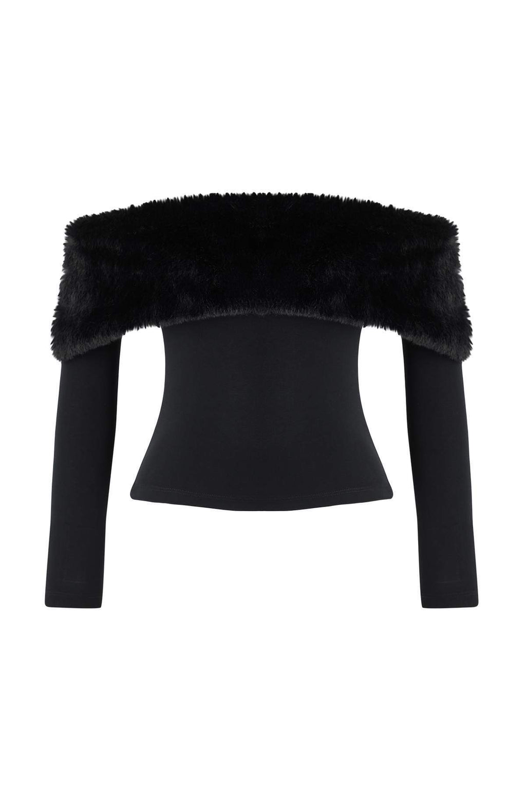 Siyah Suni Kürklü Carmen Yaka Örme Party Bluz TPRAW26BZ00047