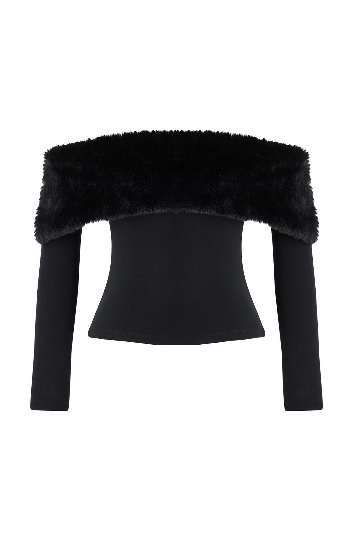 Siyah Suni Kürklü Carmen Yaka Örme Party Bluz TPRAW26BZ00047