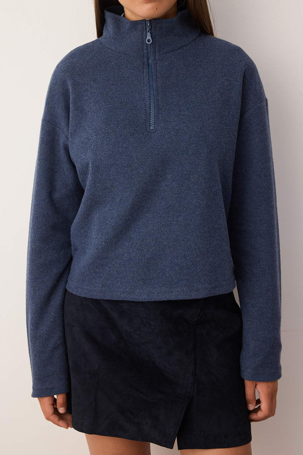 Trendyolmilla Mavi Selanik/Triko Görünümlü Fermuarlı Yaka Regular/Normal Kalıp Örme Sweatshirt TWOAW22SW0732