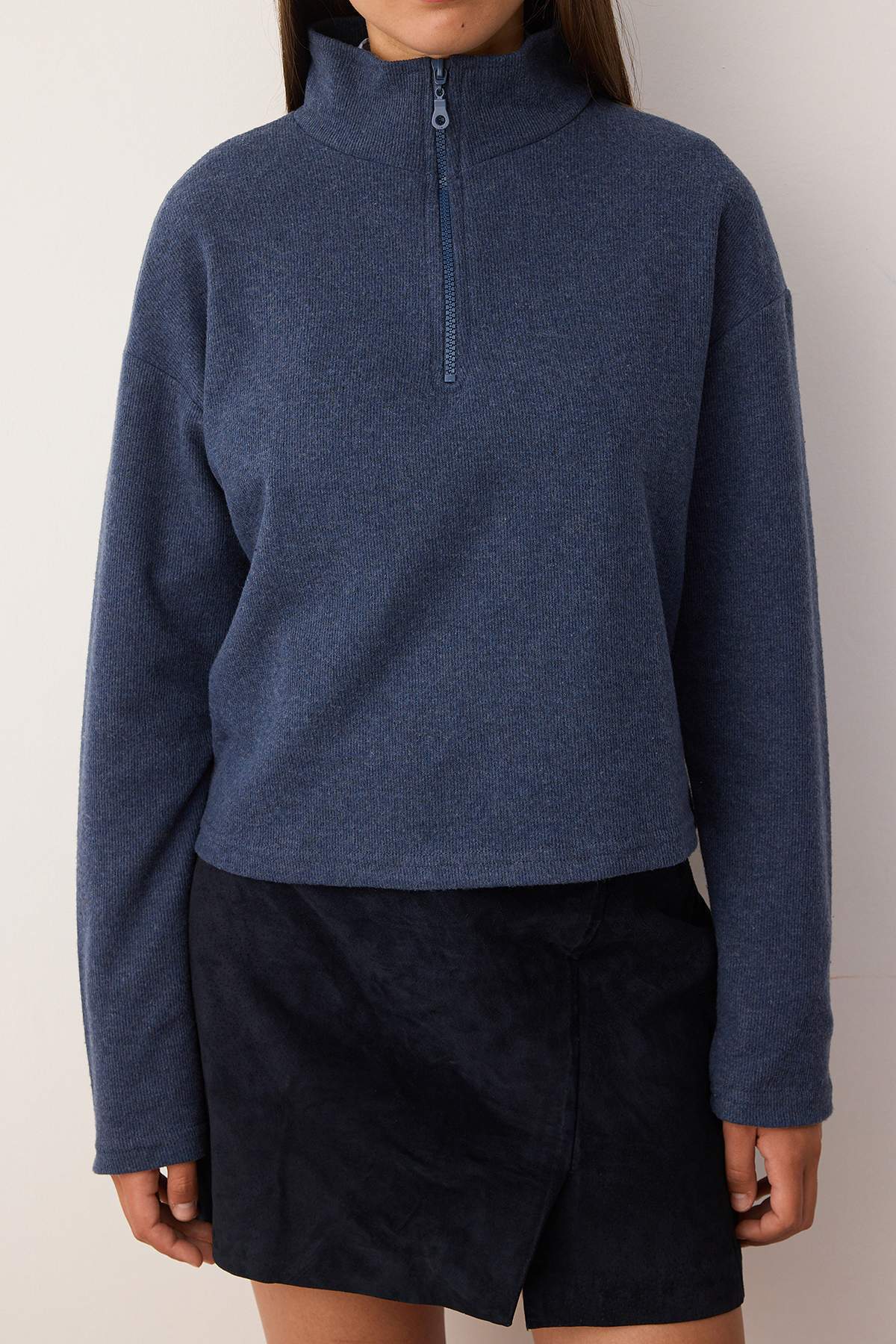 Trendyolmilla Mavi Selanik/Triko Görünümlü Fermuarlı Yaka Regular/Normal Kalıp Örme Sweatshirt TWOAW22SW0732
