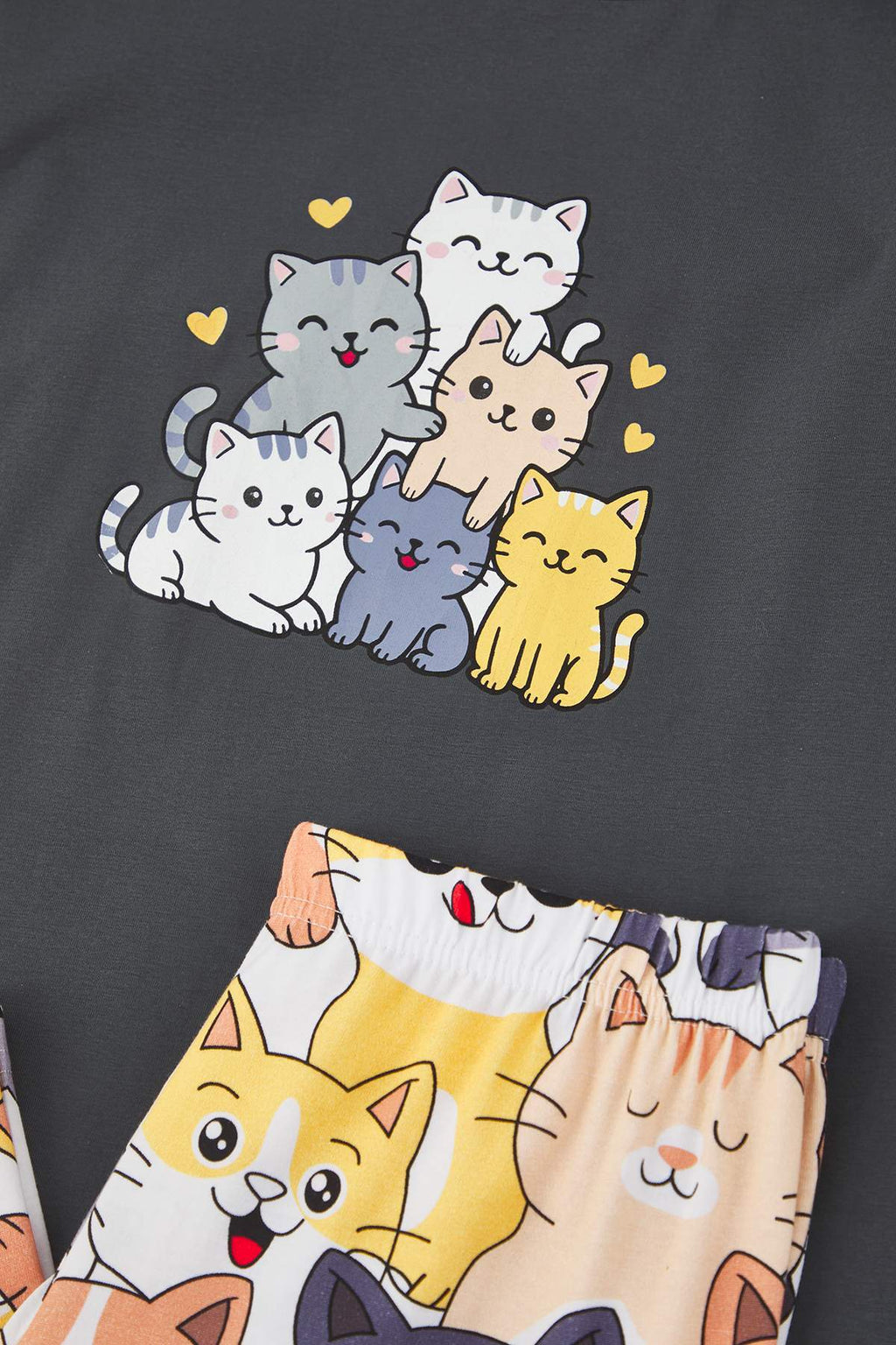 Antrasit Kedi Desenli Pamuklu Likralı Yumuşak Tuşe Örme Pijama Takımı THMAW26PT00167