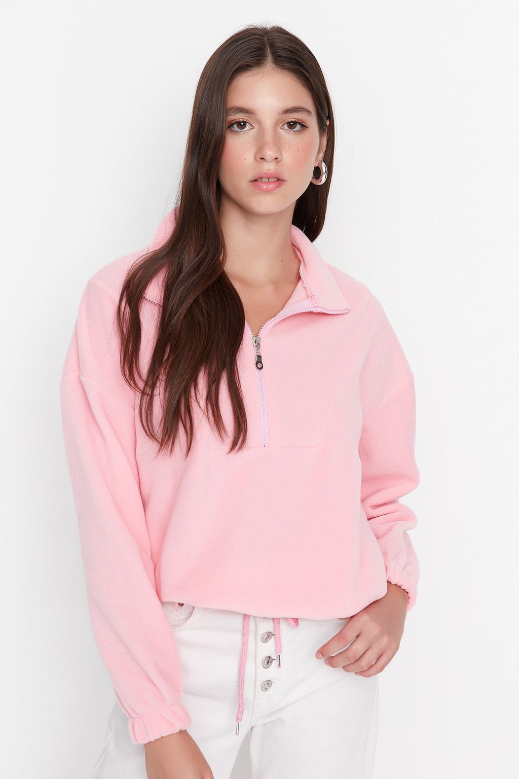 Trendyolmilla Açık Mavi  Fermuarlı Dik Yaka Polar Regular/Normal Kesim Örme Sweatshirt TWOAW21SW0758
