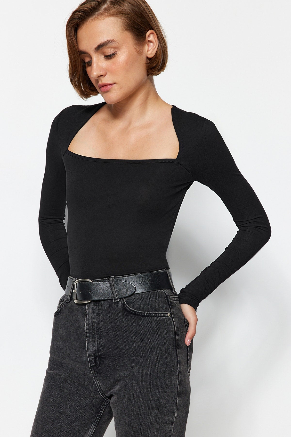 Siyah Pamuklu Esnek Kare Yaka Fitted/Vücuda Oturan Esnek Bluz TWOAW24BZ00165