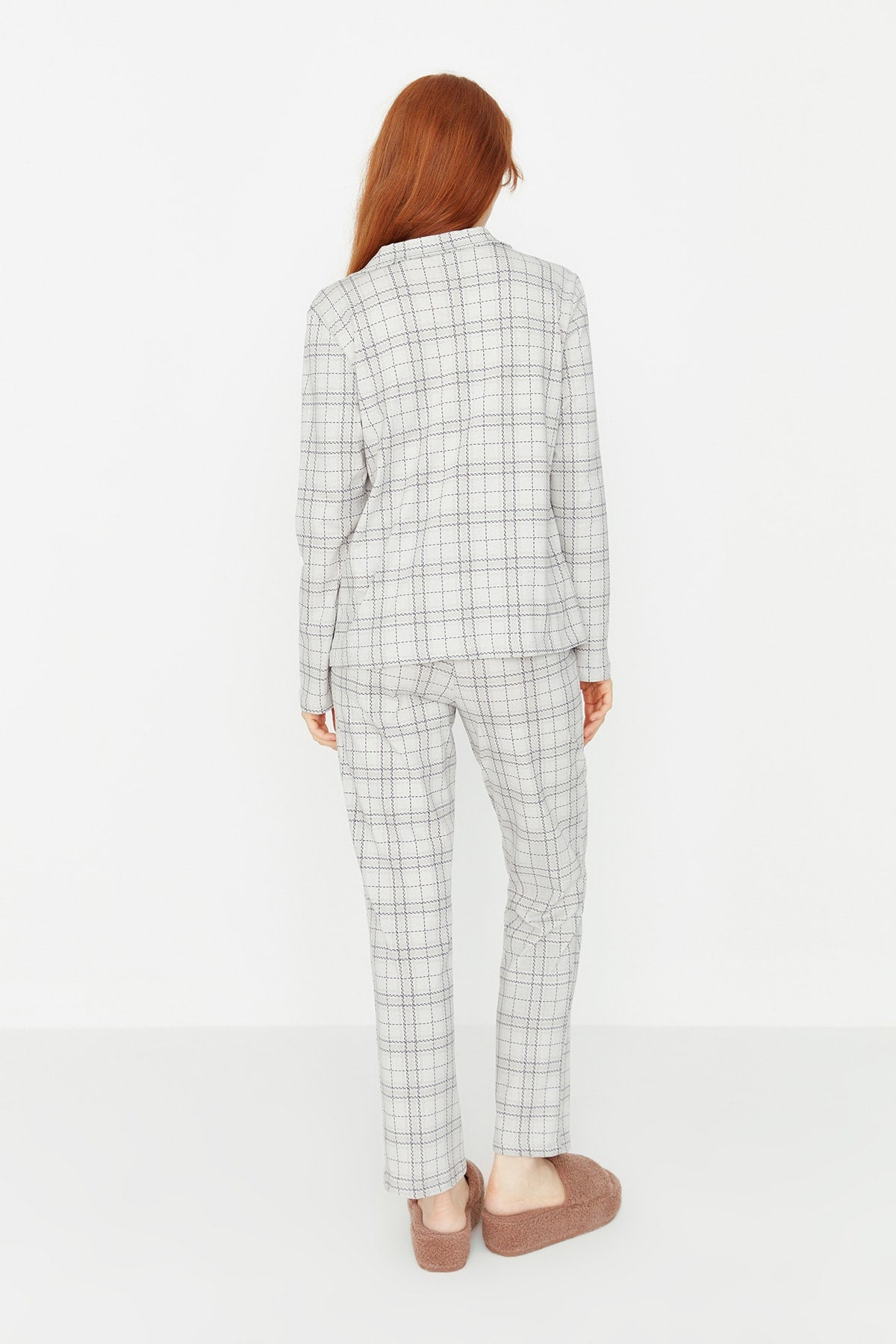 Trendyolmilla Gri %100 Pamuklu Ekoseli Örme Pijama Takımı THMAW20PT0266