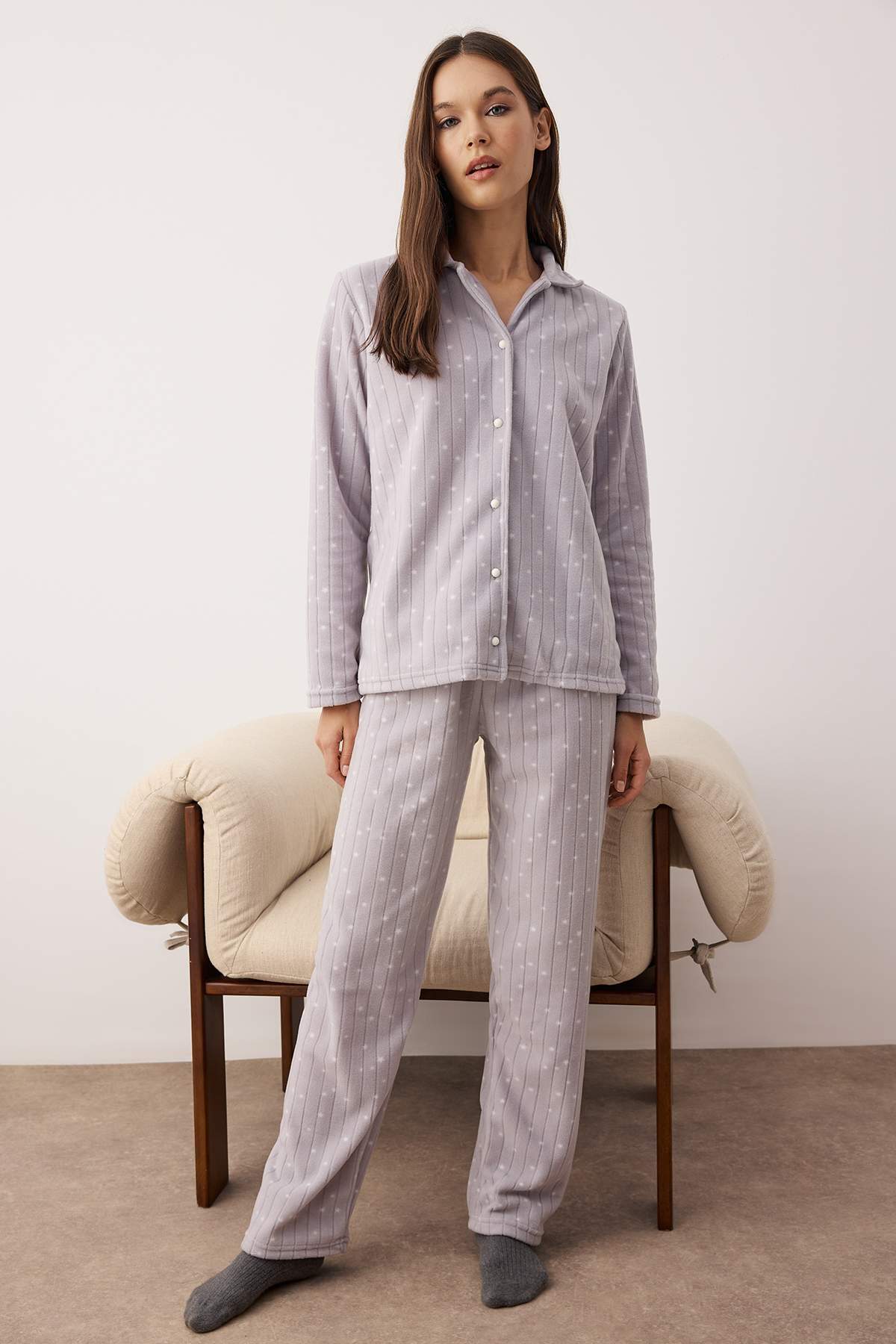 Gri Galaksi Desenli Kışlık Polar Örme Pijama Takımı THMAW26PT00190 Main image