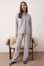 Gri Galaksi Desenli Kışlık Polar Örme Pijama Takımı THMAW26PT00190