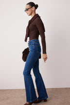 Trendyolmilla Mavi Önden Düğmeli Yüksek Bel Orta Esnek İspanyol Paça Flare Comfort/Esnek Jeans TWOSS20JE0111