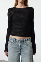 Trendyolmilla Bordo Fitted/Vücuda Oturan Dokulu Tül Esnek Örme Bluz TWOAW25BZ00207