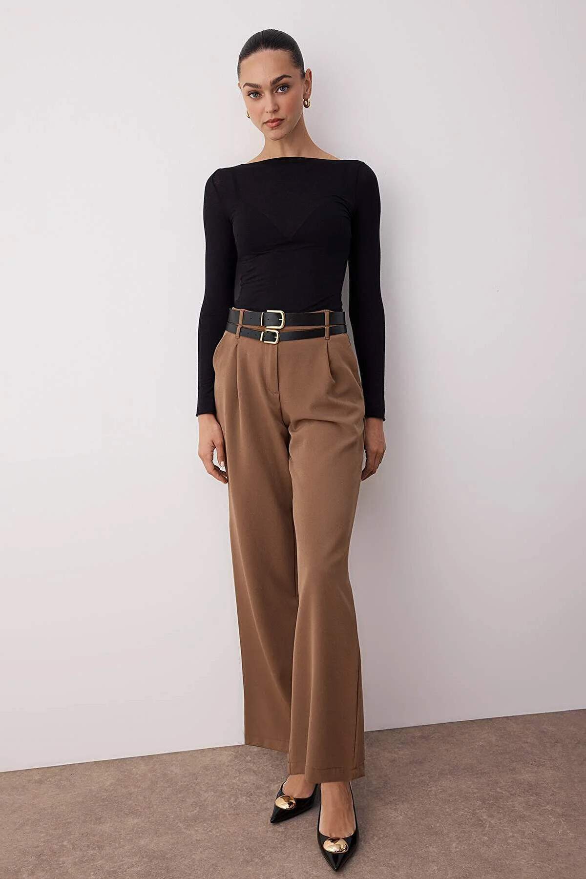 Vizon Çift Kemer Detaylı Wide Leg/Geniş Paça Pantolon TWOAW26PL00013