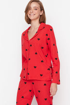 Trendyolmilla Kırmızı %100 Pamuklu Kalpli Örme Pijama Takımı THMAW21PT0548